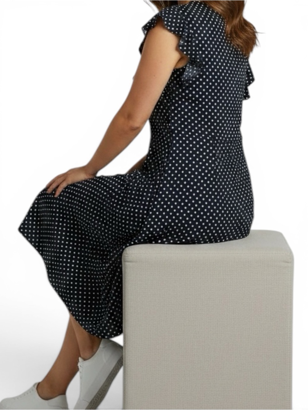 Ann Taylor Factory Navy Polka Dot Blue V-Neck Flutter Short Sleeve A-Line Dress - Picture 5 of 10